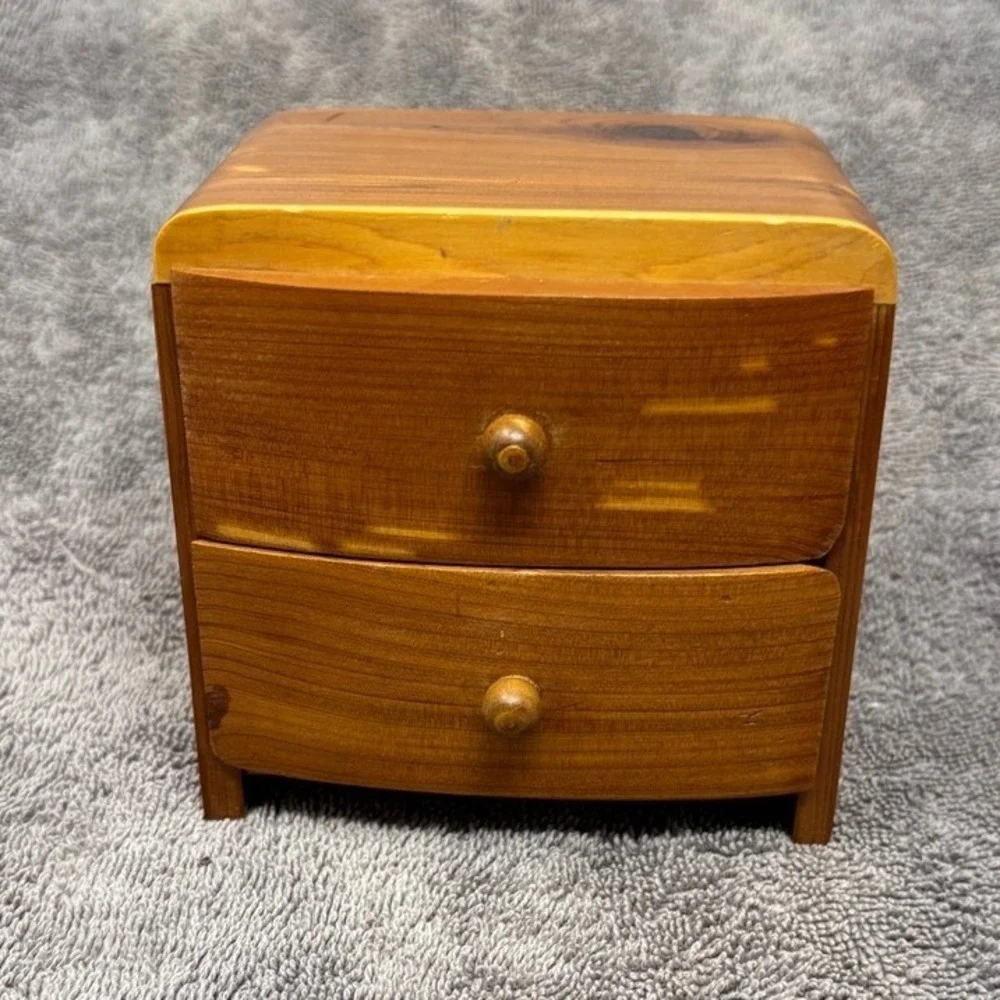 Vintage Small Wood Jewelry Box 2 Drawer Mini Trinket Chest 4.5